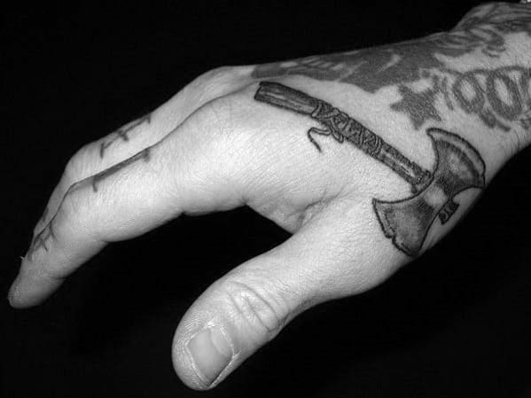 Guys Hand Battle Axe Small Tattoo