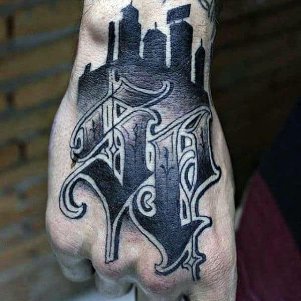Guys Hand Dark Black Lettering Tattoo