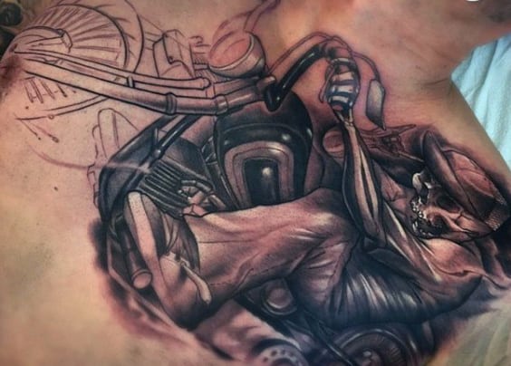 Guy's Harley Davidson Motorcycle Tattoos On Chest