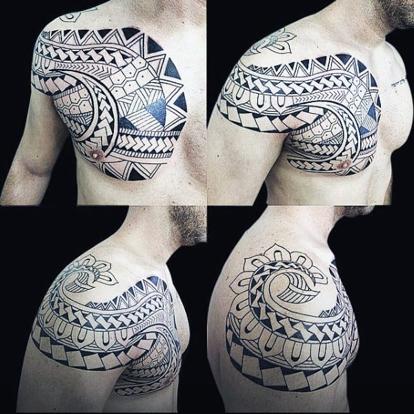 Guys Hawaiian Shoulder And Chest Tattoo Tribal Designs