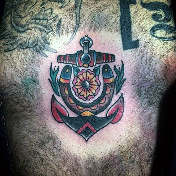 Guys Horseshoe Anchor Traditional Chest Tattoo