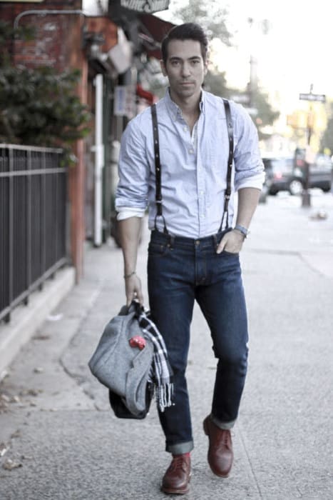 Guys How To Wear Suspenders With Jeans And Light Blue Dress Shirt Outfits Fashion Ideas