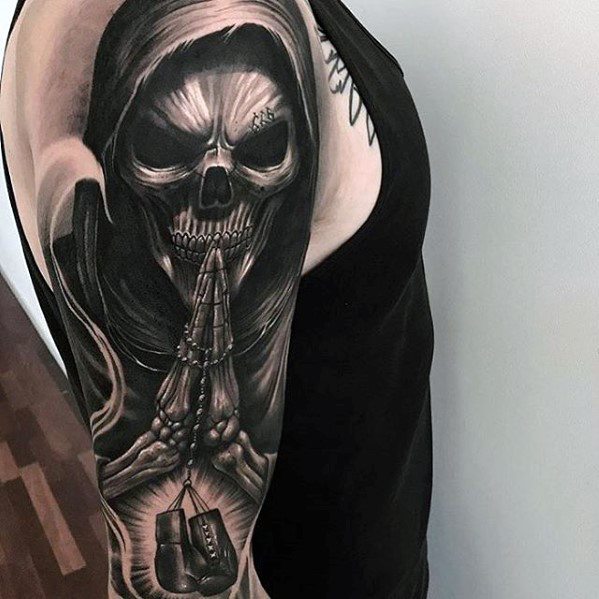 Guys Incredible 3d Praying Skeleton With Boxing Gloves Sleeve Tattoo