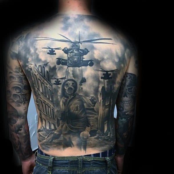 Guys Incredible Full Back Apocalypse Tattoo Design Ideas
