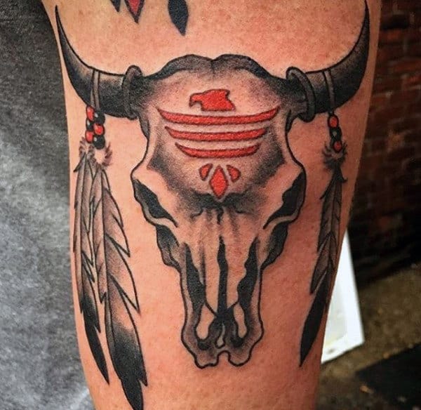 Guys Indian Bull Skull Arm Tattoos