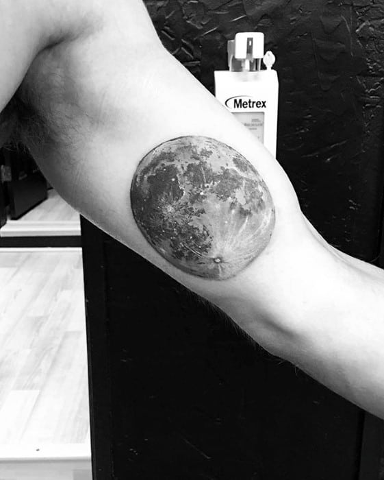 Guys Inner Arm Bicep Realistic Moon Tattoo