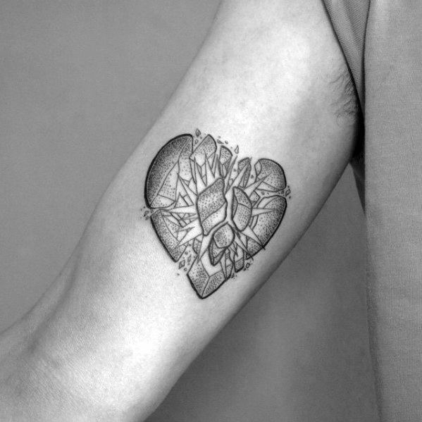 Guys Inner Arm Bicep Tattoos With Shattered Broken Heart Design