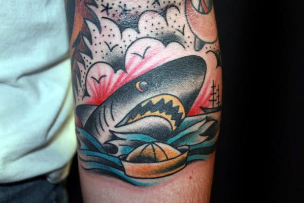 Guys Inner Elbow Traditional Old School Shark Tattoo