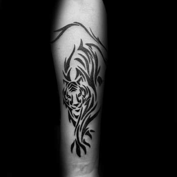 Guys Inner Forearm Black Ink Lines Tribal Tiger Tattoos