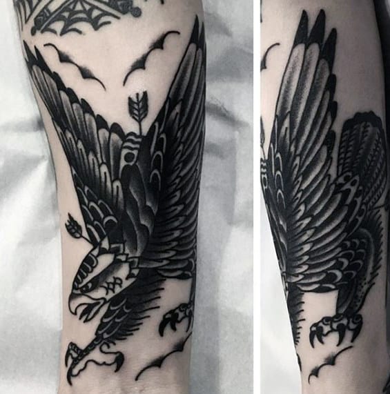 Guys Inner Forearm Shaded Black And Grey Traditional Tattoo