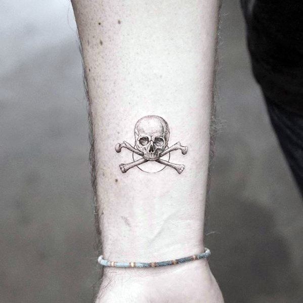Guys Inner Forearm Skull With Crossbones Tattoos With Quarter Sized Design