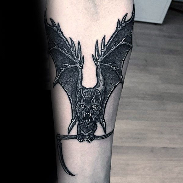 Guys Inner Forearm Tattoos Bat Flying With Scythe Design