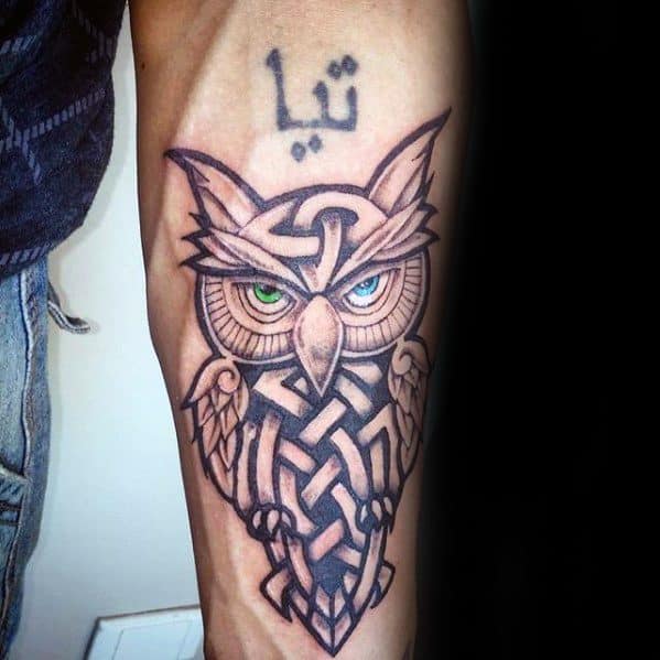 Guys Inner Forearm Tribal Celtic Owl Tattoo Deisgns