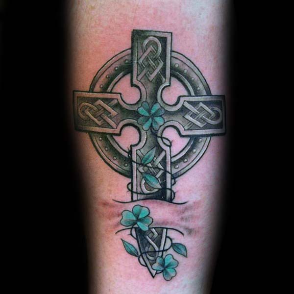 Guys Irish Cross In Skin Tattoo Design On Inner Forearm
