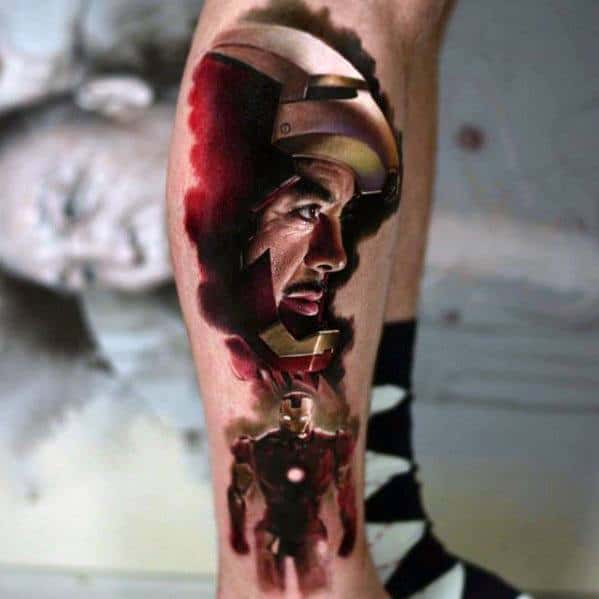 Guys Iron Man Side Of Leg Tattoo Design Idea Inspiration
