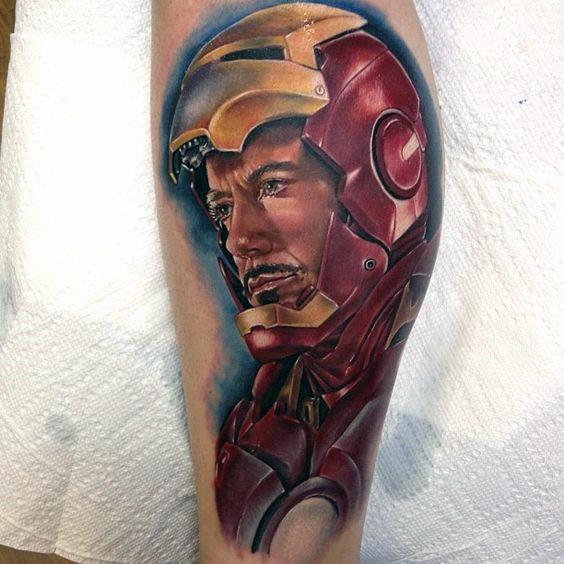 Guys Iron Man Tattoos On Side Of Leg