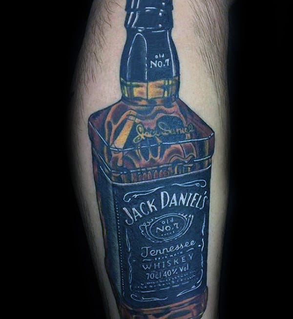 Guys Jack Daniels Tattoo Design On Legs.