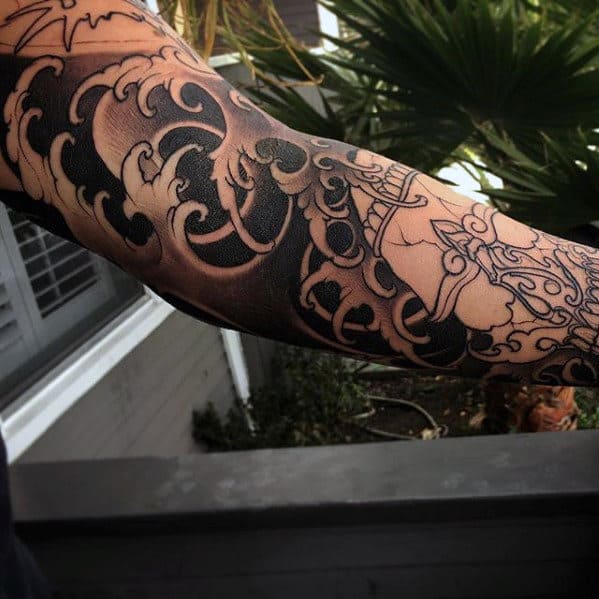 Guys Japanese Black And Grey Ink Wave Skull Sleeve Tattoos