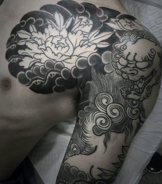Guys Japanese Flower Shaded Fu Dog Chest And Arm Tattoo