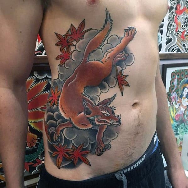 Guys Japanese Kitsune Fox Rib Cage Side Tattoos