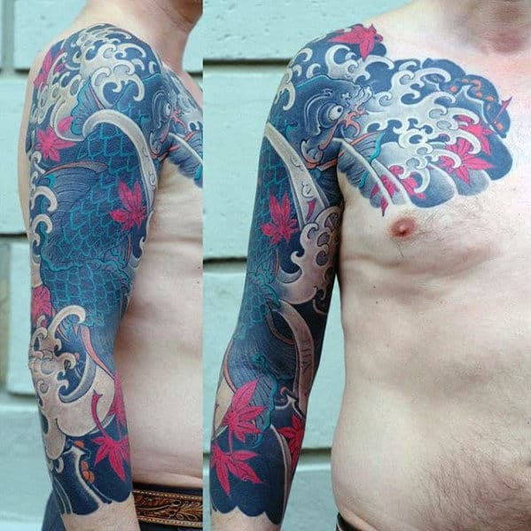 Guys Japanese Maple Leaf With Koi Fish Half Sleeve Tattoo Ideas