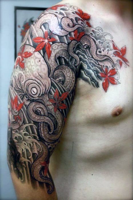 Guys Japanese Maple Leaf With Octopus Half Sleeve Tattoo