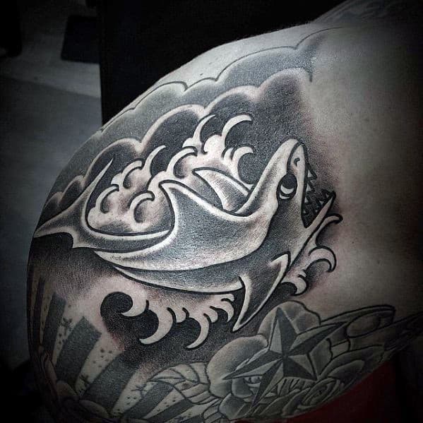 Guys Japanese Shaded Traditional Shark Shoulder Tattoo Ideas