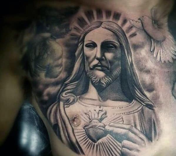 Guys Jesus Sacred Heart Shaded Chest Tattoo
