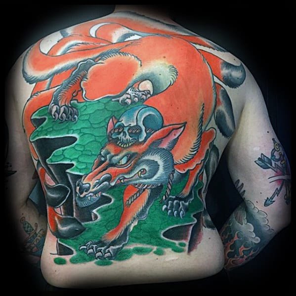 Guys Kitsune Orange Fox Full Back Tattoo Design Ideas