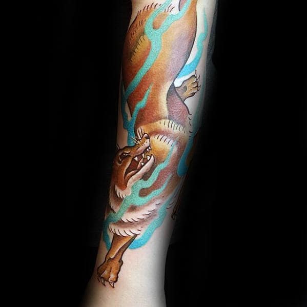 Guys Kitsune With Blue Flames Mens Forearm Tattoo