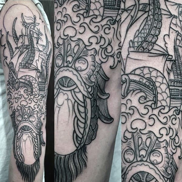 Guys Kraken Black Ink Outline Kraken Arm Tattoos