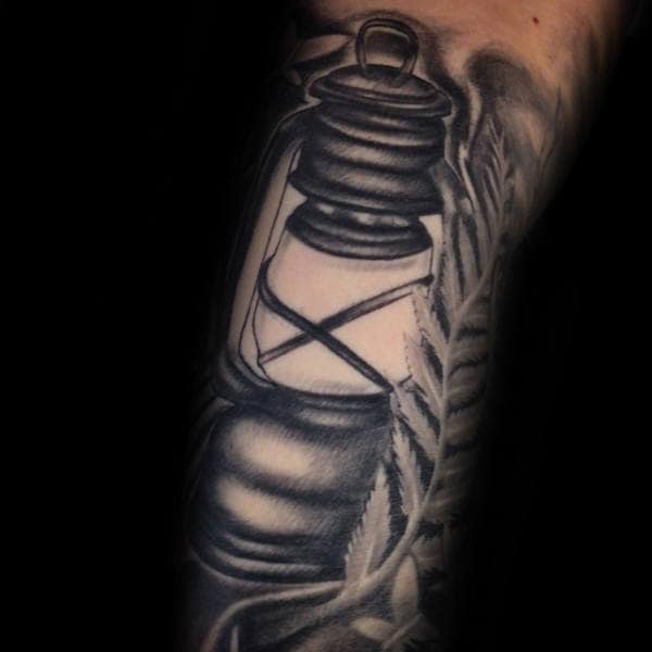 Guys Lantern With Fern Tattoo On Arm