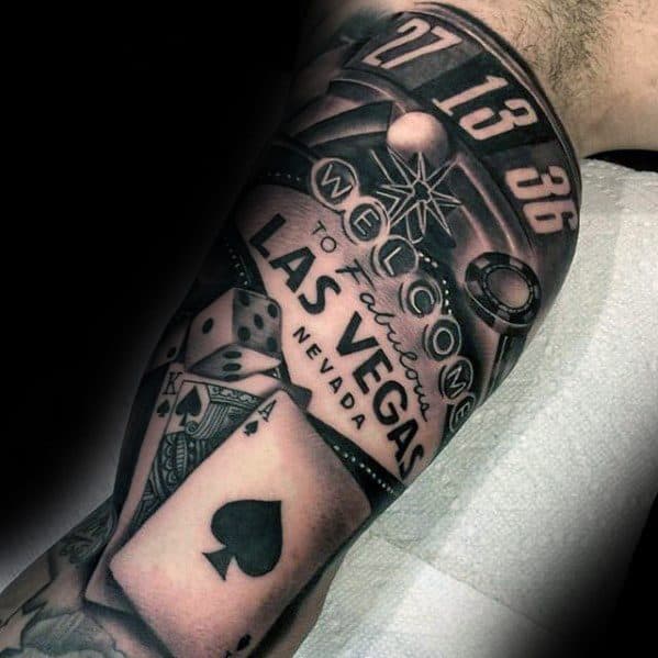 Guys Las Vegas Themed Sleeve Unique Arm Tattoo
