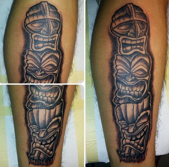Guys Laughing Totem Pole Shaded Calf Tattoo