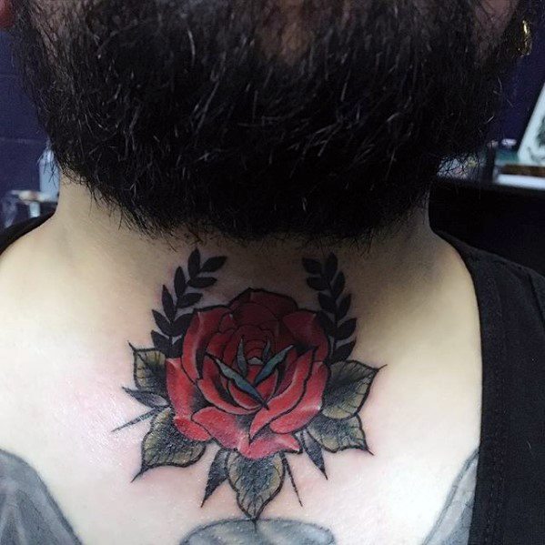 Guys Laurel Wreath Rose Flower Neck Tattoo Deisgns