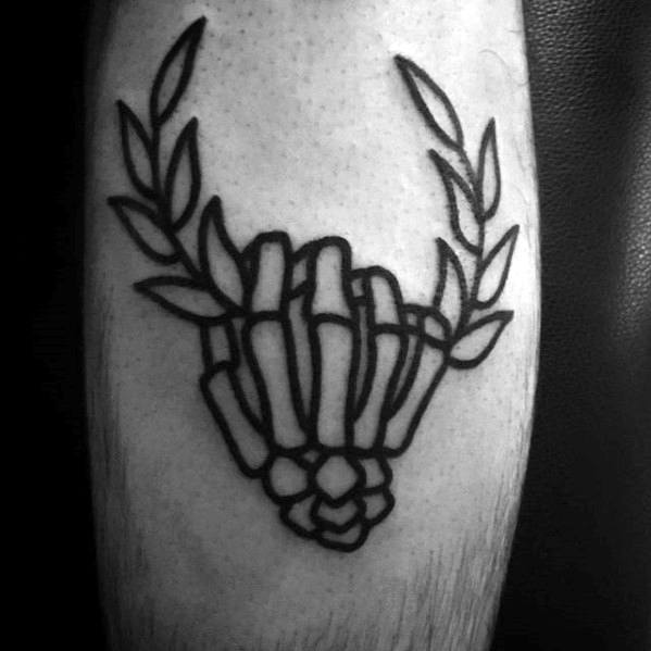 Guys Laurel Wreath Skeleton Hands Leg Tattoo Design Ideas