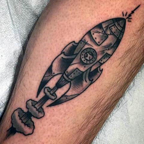 Guys Leg Blast Off Rocket Ship Tattoo Design