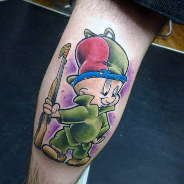 Guys Leg Calf Elmer Fudd Looney Tunes Tattoos