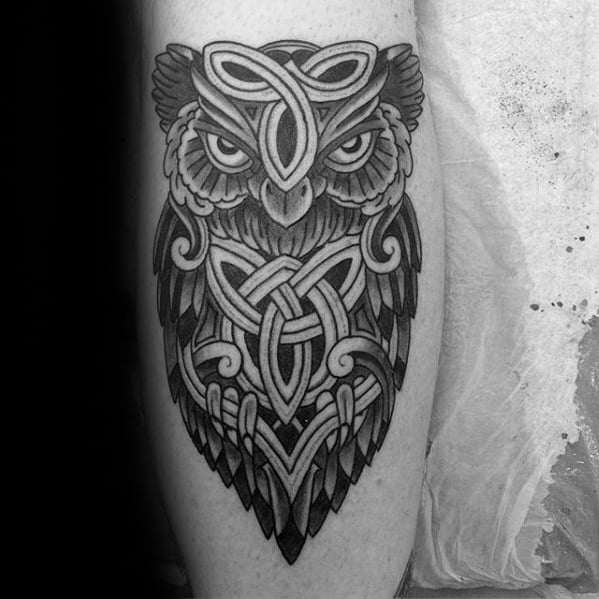 Guys Leg Celtic Owl Tattoo Design Ideas