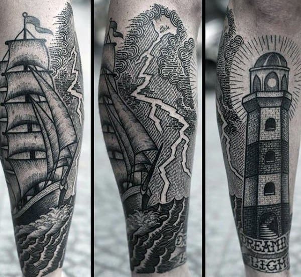 Guys Leg Sleeve Dotwork Tattoo Ideas Thunderstorm Designs