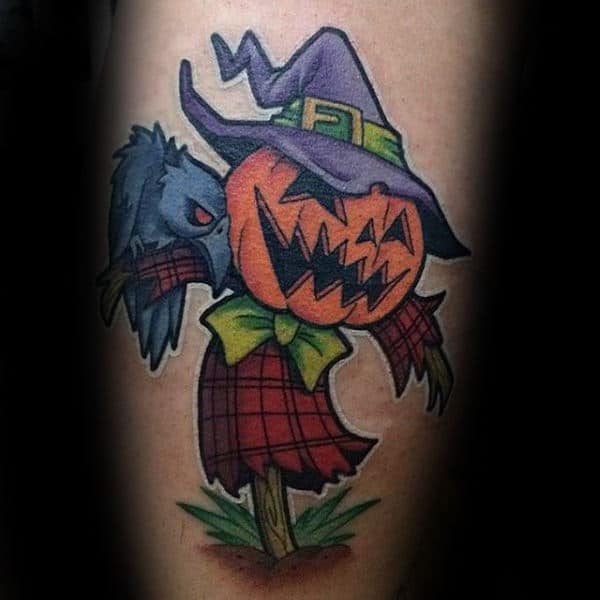 Guys Legs Pumpkin Headed Scarecrow Halloween Tattoo