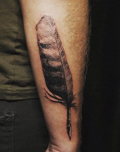 Guys Legs Shaded Feather Tattoo