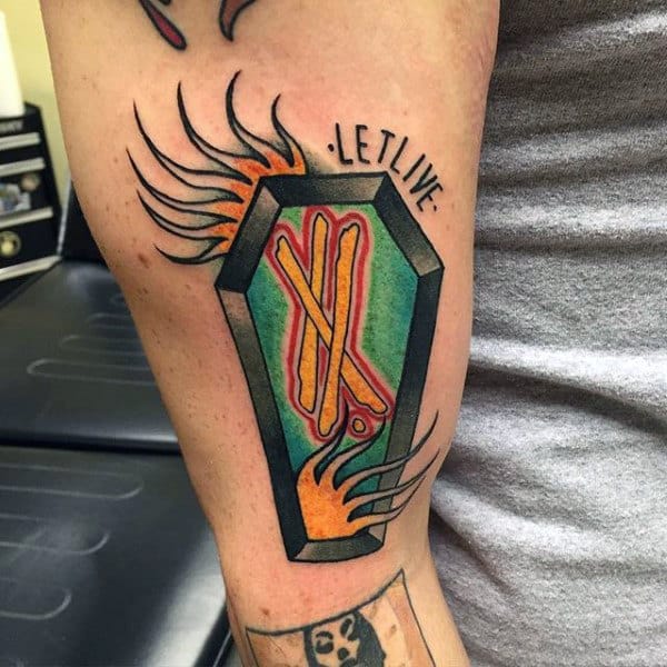 Guys Letlive Flaming Coffin Tattoo Design On Bicep