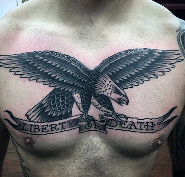 Guys Liberty Or Death Eagle Chest Tattoos