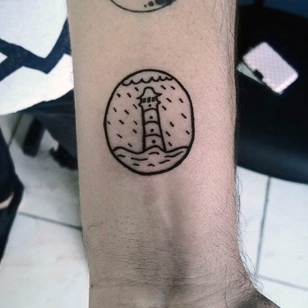 Guys Lighthouse Circle Simple Inner Forearm Tattoo