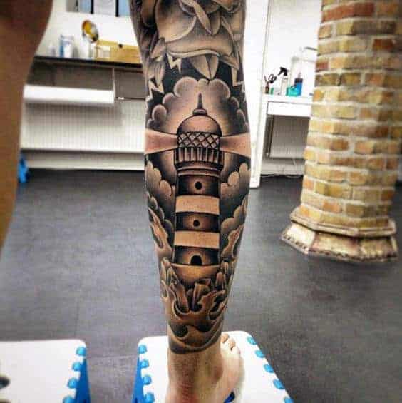 guys-lighthouse-traditional-leg-black-and-grey-ink-tattoo-sleeve