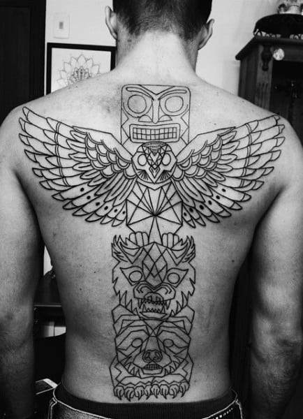 Guys Line Wrok Geometric Totem Pole And Owl Back Tattoo
