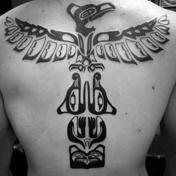 Guys Linework Totem Pole Back Tattoo In Black Ink