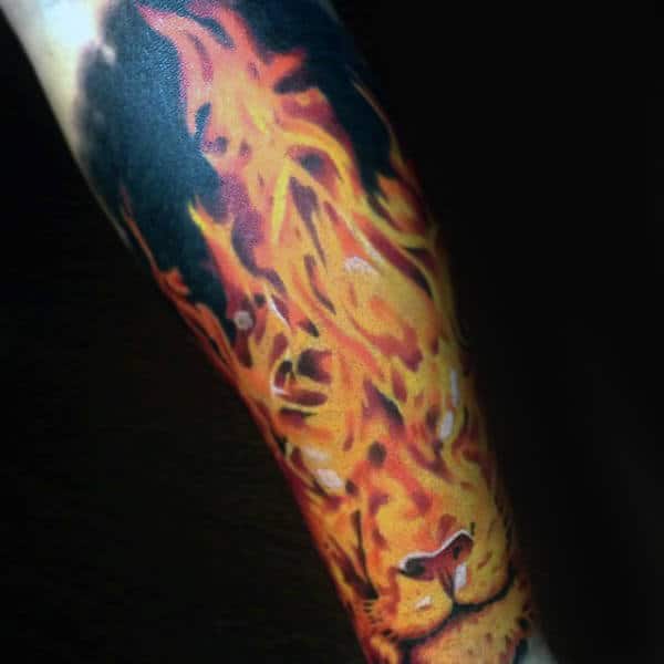Guys Lion Fire Leg Sleeve Tattoos