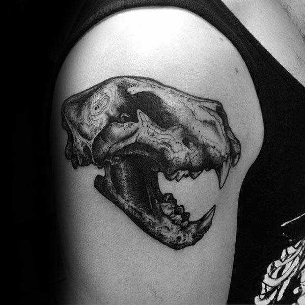 Guys Lion Skull Upper Arm Tattoo